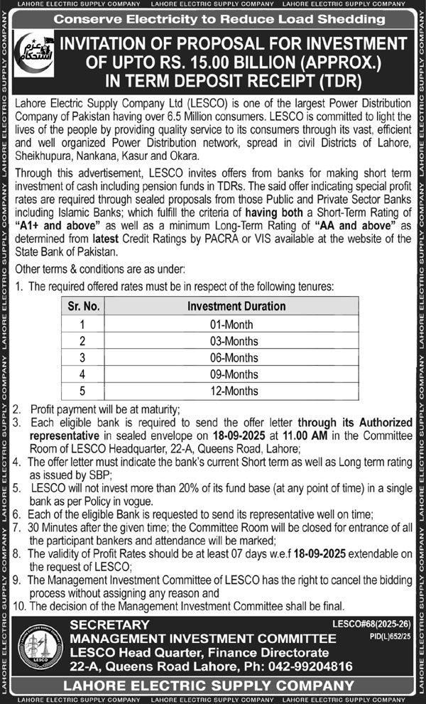 Lahore Electric Supply Company Tender Notice